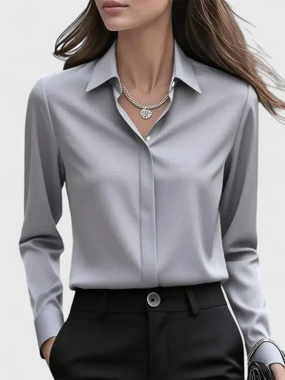 Pippa | Satin Long Sleeve Button Down Shirt with Concealed Placket
