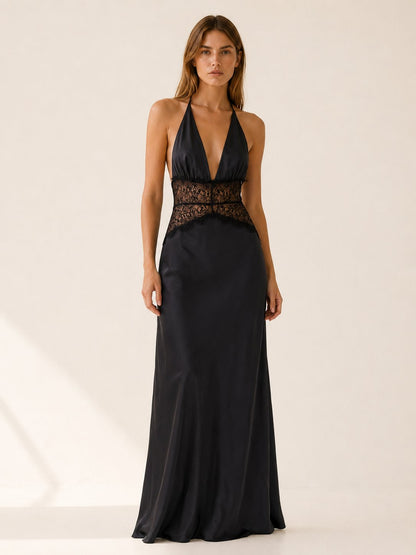 Nadia | Halter Neck Deep Plunge Backless Maxi Dress with Lace Waist