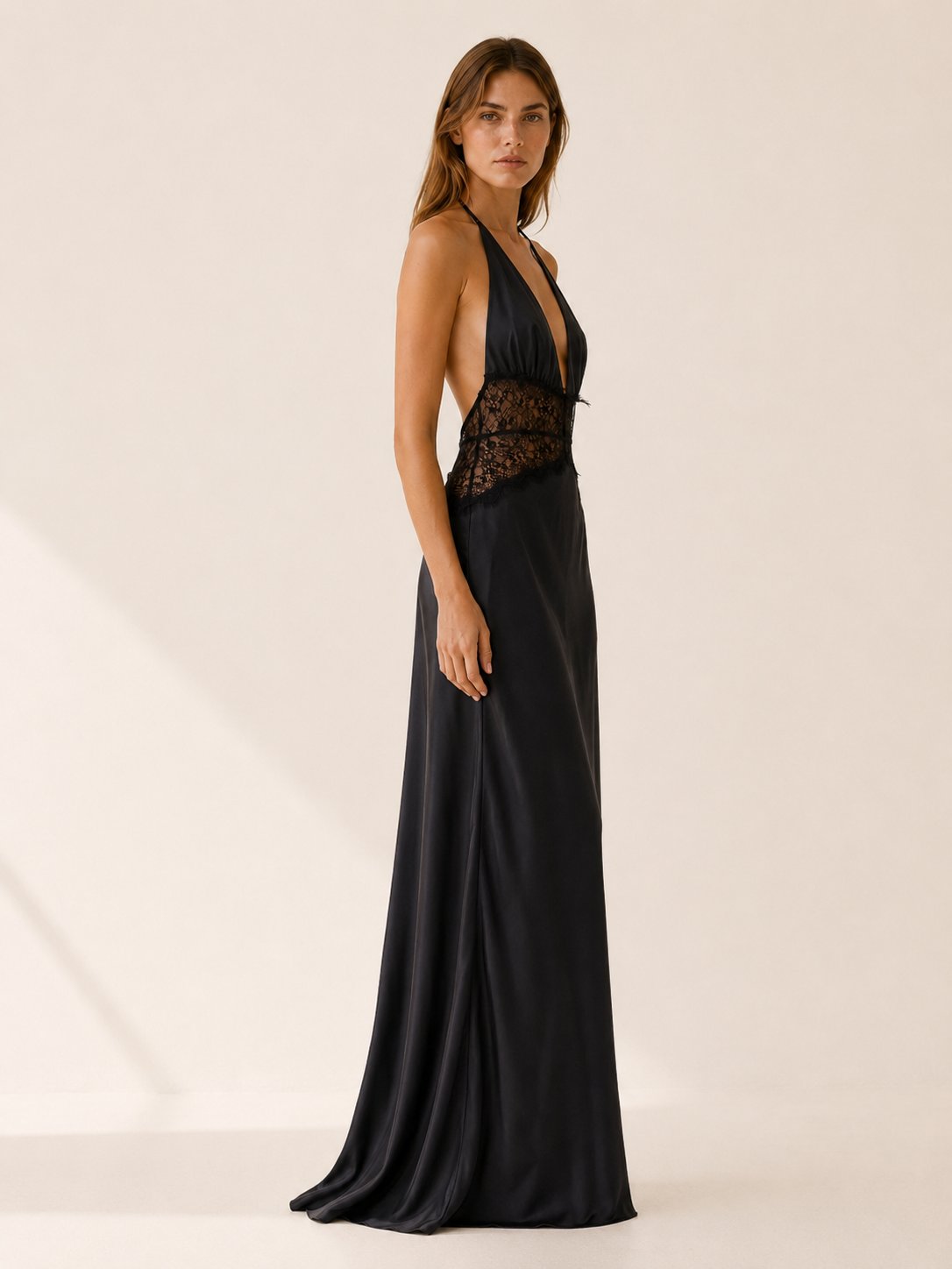 Nadia | Halter Neck Deep Plunge Backless Maxi Dress with Lace Waist
