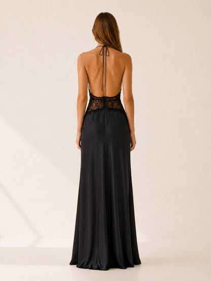 Nadia | Halter Neck Deep Plunge Backless Maxi Dress with Lace Waist