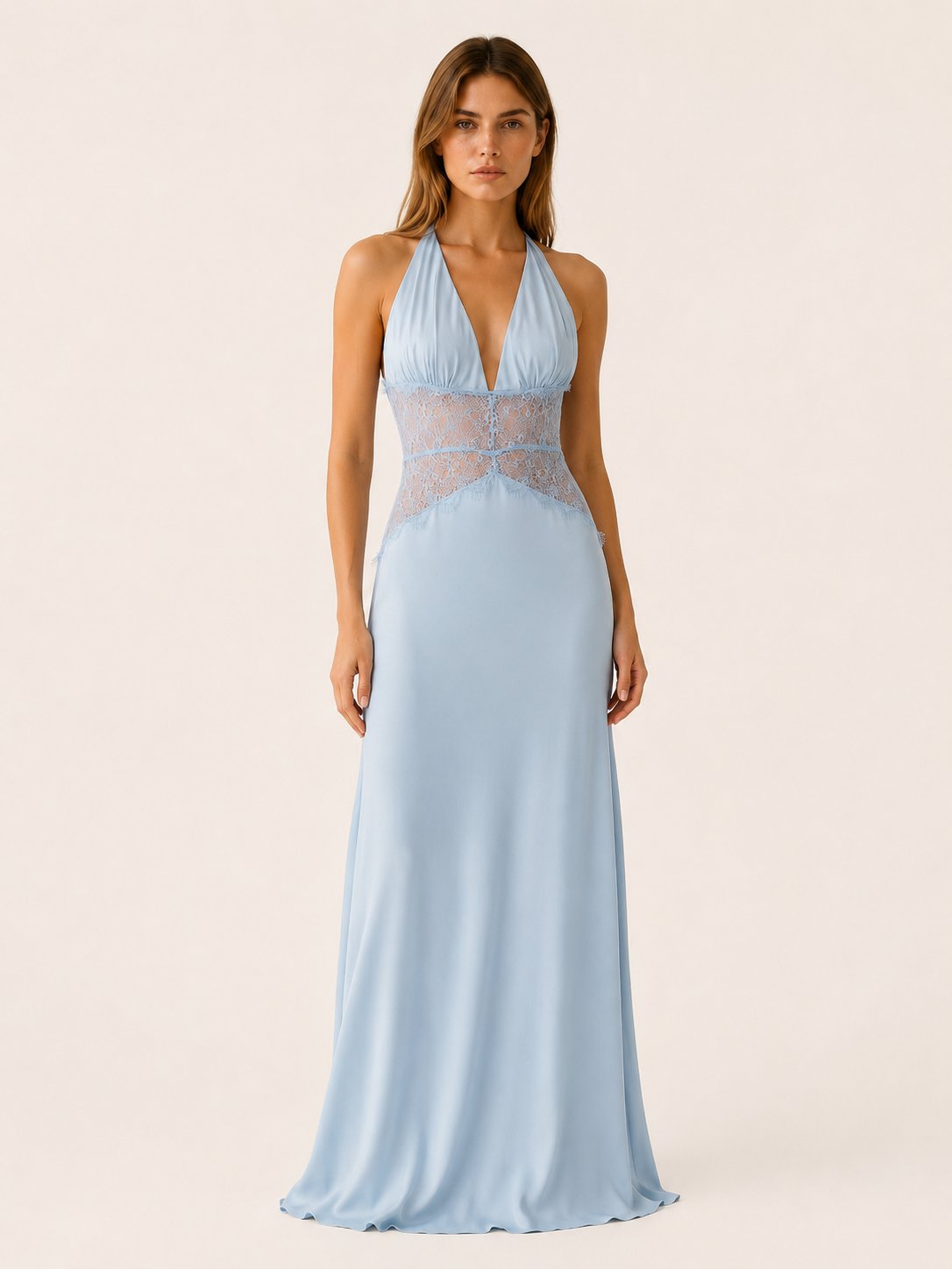 Nadia | Halter Neck Deep Plunge Backless Maxi Dress with Lace Waist