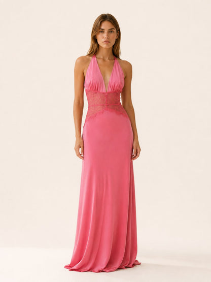 Nadia | Halter Neck Deep Plunge Backless Maxi Dress with Lace Waist