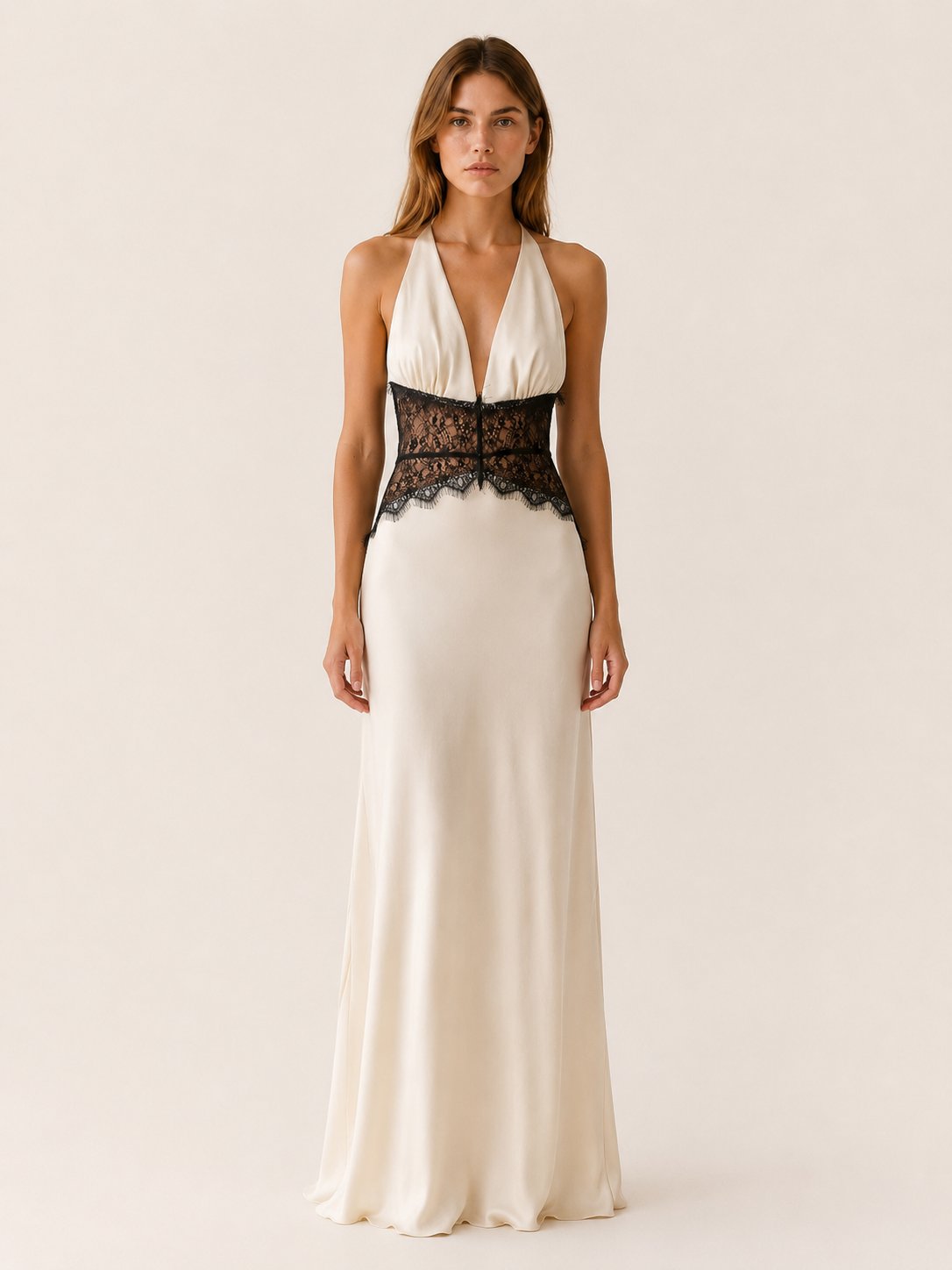 Nadia | Halter Neck Deep Plunge Backless Maxi Dress with Lace Waist