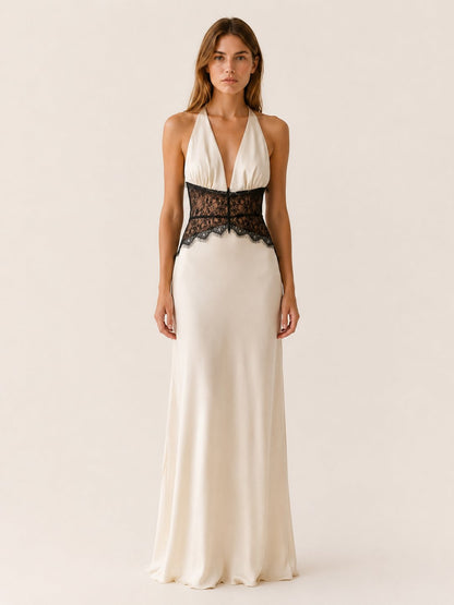 Nadia | Halter Neck Deep Plunge Backless Maxi Dress with Lace Waist