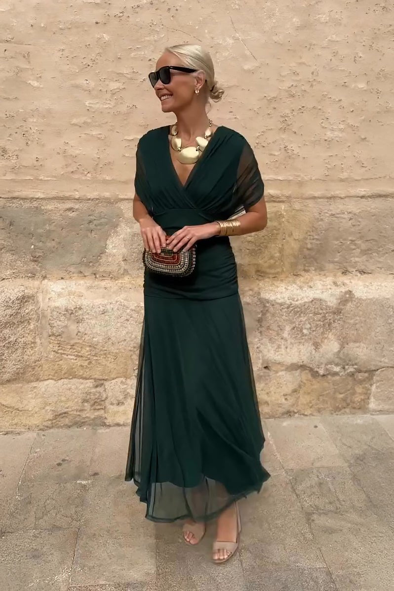 Wren | Green V-Neck Pleated Chiffon Maxi Dress