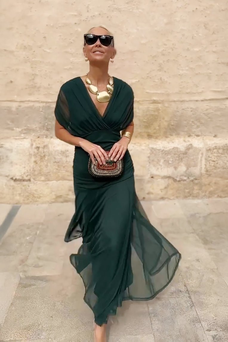 Wren | Green V-Neck Pleated Chiffon Maxi Dress