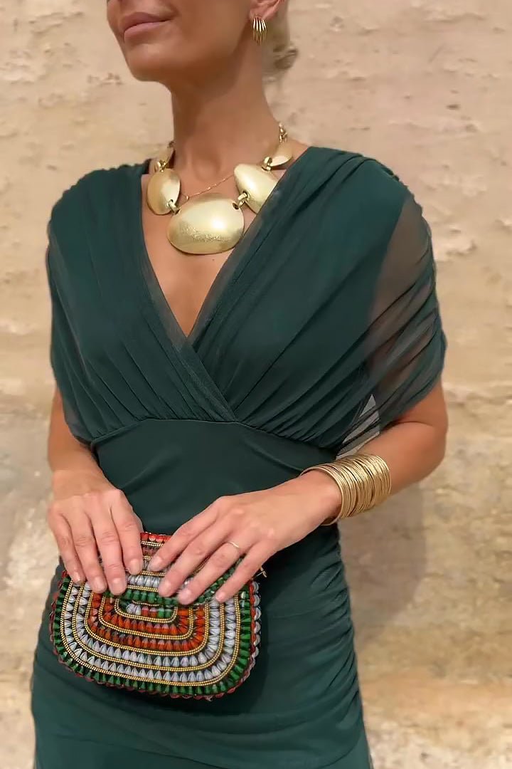 Wren | Green V-Neck Pleated Chiffon Maxi Dress