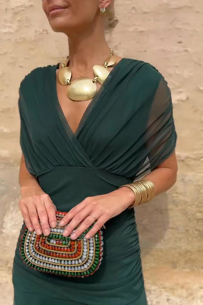 Wren | Green V-Neck Pleated Chiffon Maxi Dress