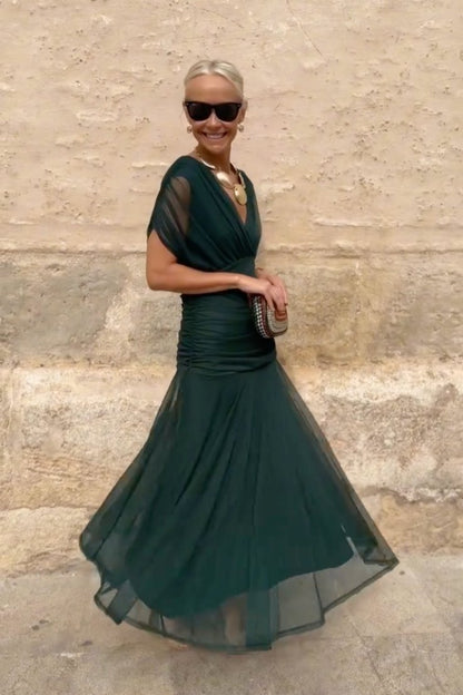 Wren | Green V-Neck Pleated Chiffon Maxi Dress