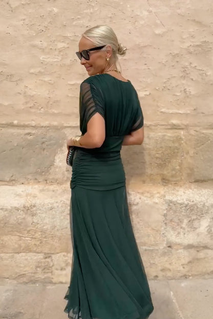 Wren | Green V-Neck Pleated Chiffon Maxi Dress