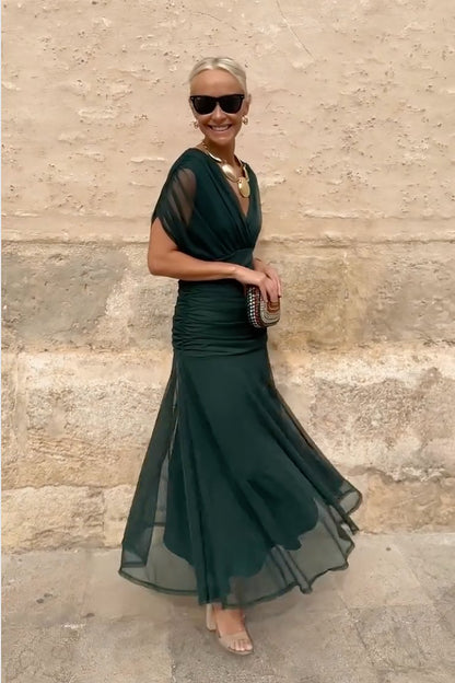 Wren | Green V-Neck Pleated Chiffon Maxi Dress