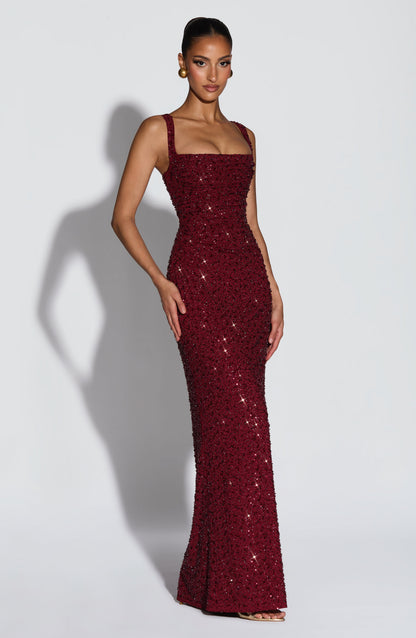 Millie | Burgundy Square Neck Maxi Formal Prom Dress