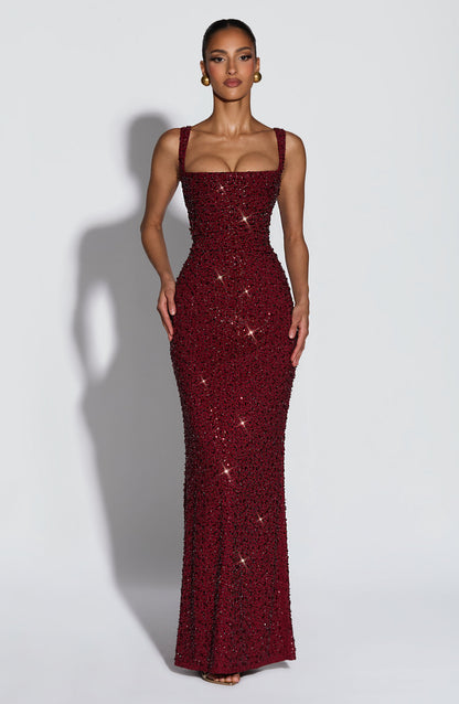 Millie | Burgundy Square Neck Maxi Formal Prom Dress