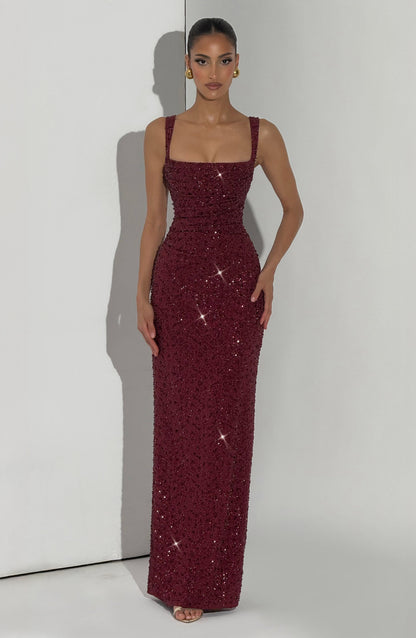 Millie | Burgundy Square Neck Maxi Formal Prom Dress