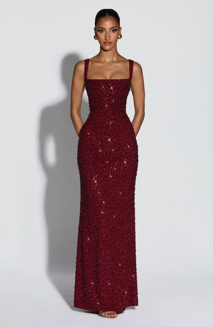 Millie | Burgundy Square Neck Maxi Formal Prom Dress