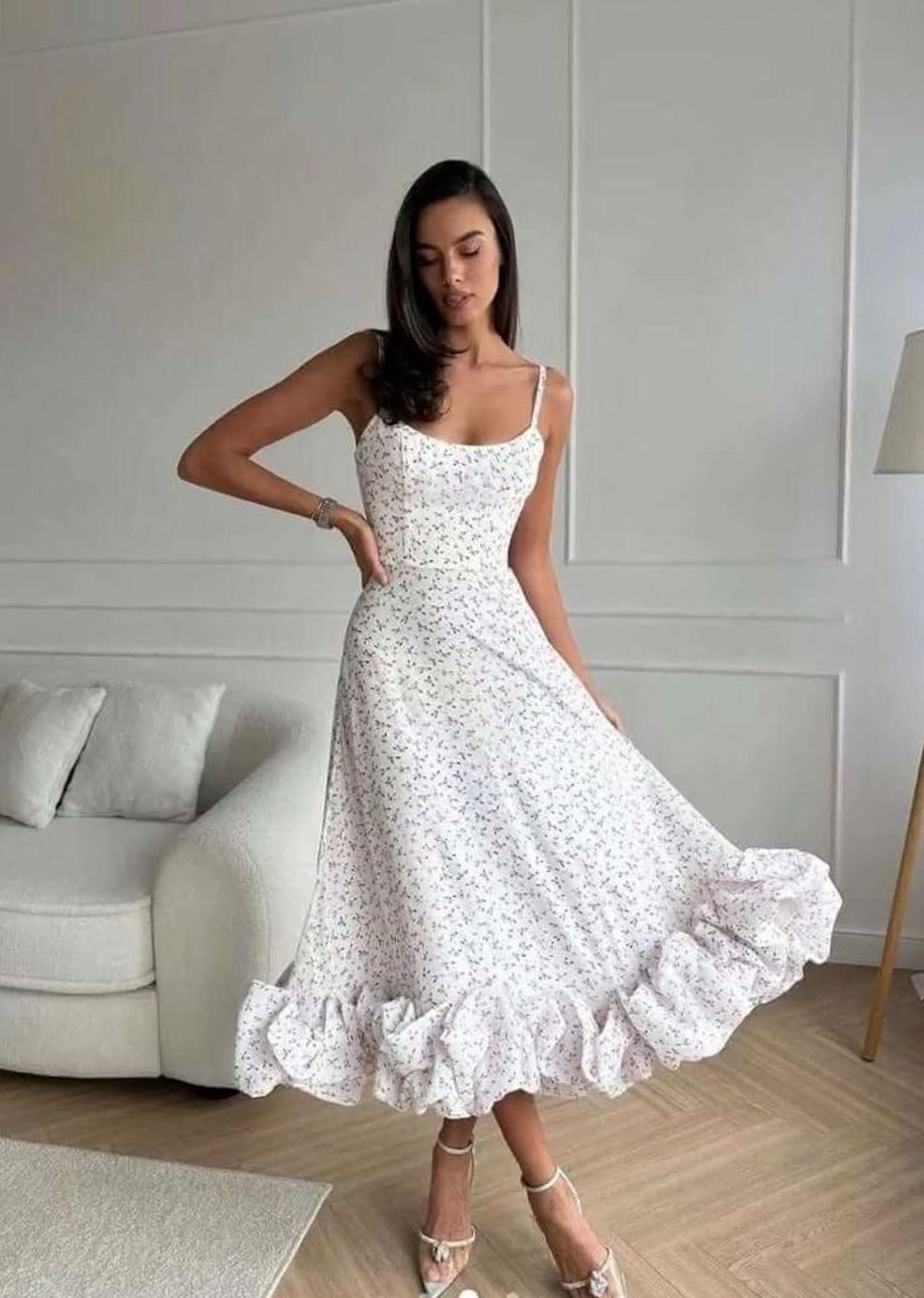 Charlotte | Floral Bustier Ruffle Hem A-Line Midi Dress