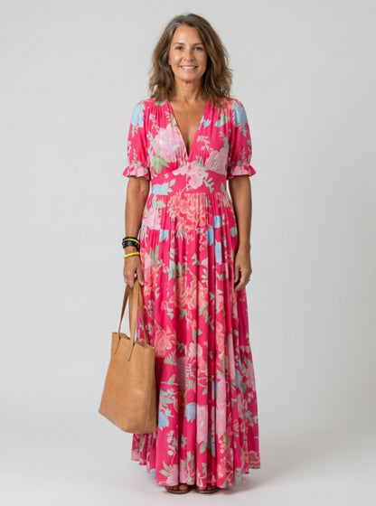 Genevieve | Floral Flutter Sleeve V-Neck Maxi Spring Dress