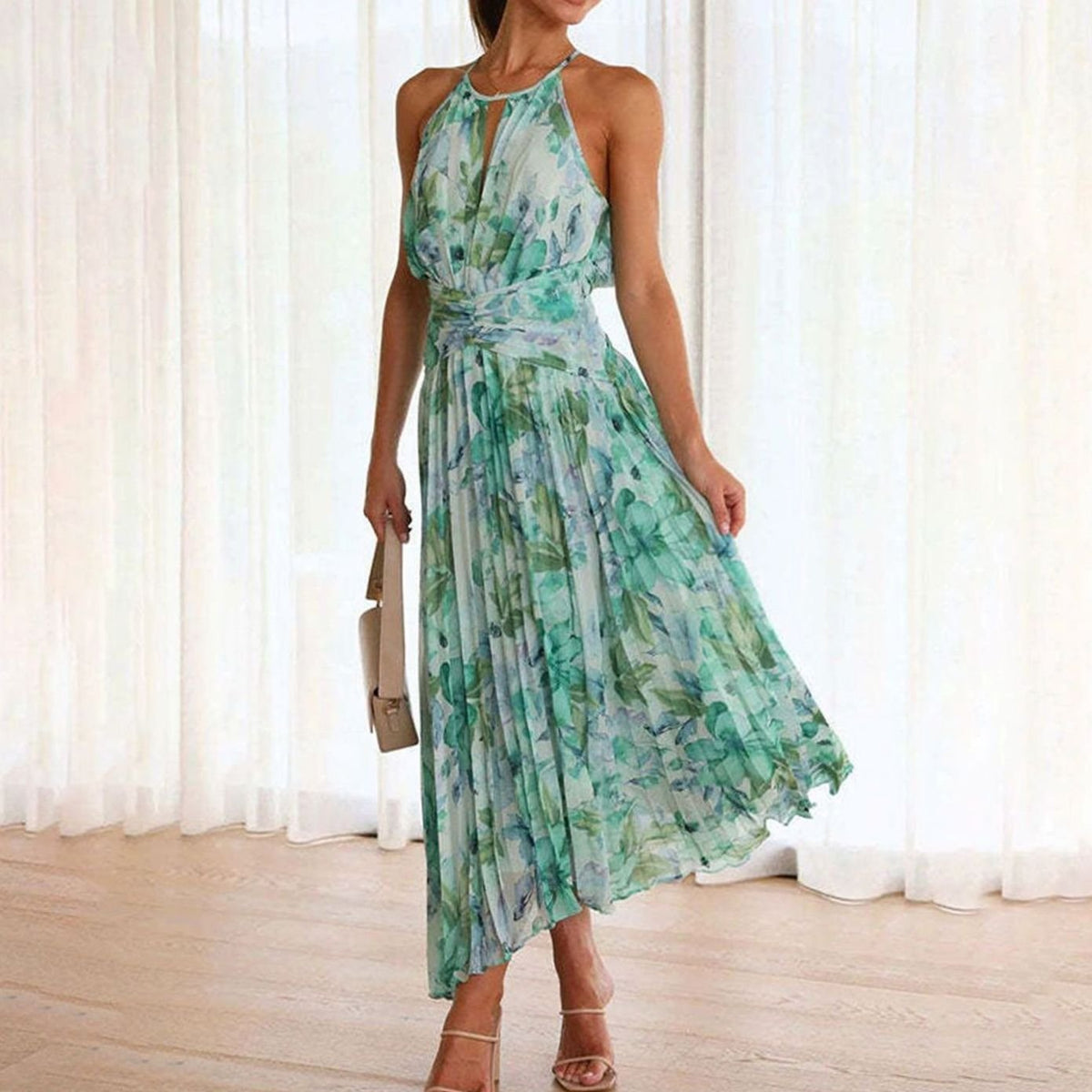 Camille | Green Floral Halter Neck Pleated Maxi Sundress
