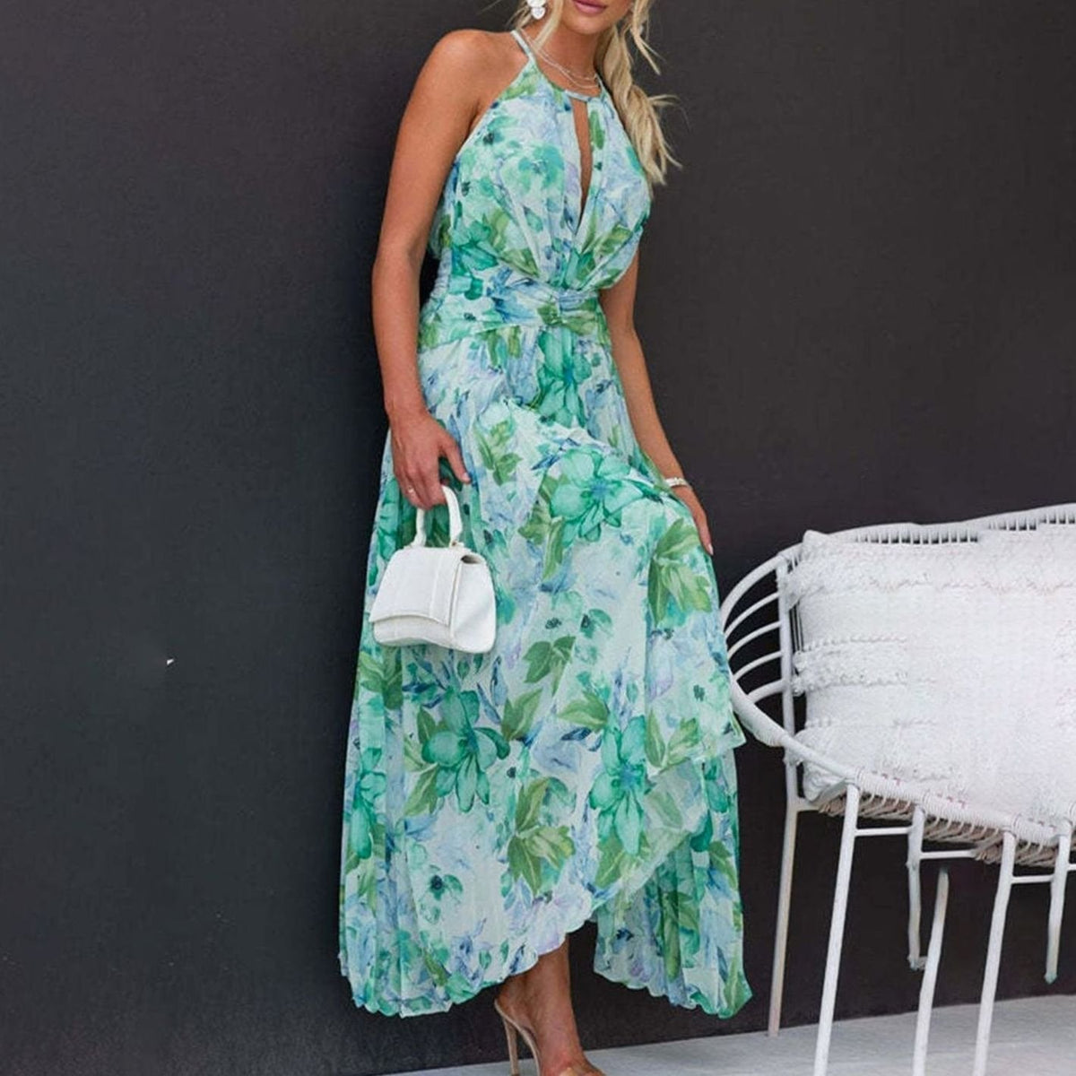 Camille | Green Floral Halter Neck Pleated Maxi Sundress