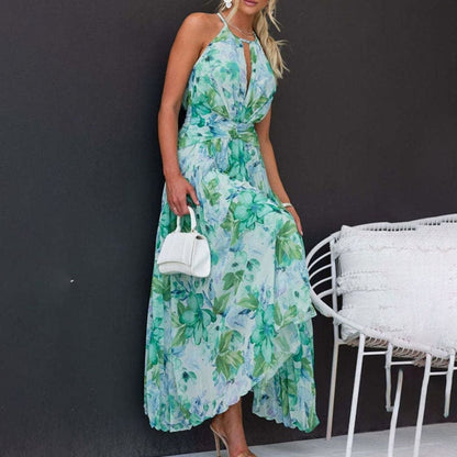 Camille | Green Floral Halter Neck Pleated Maxi Sundress