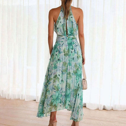 Camille | Green Floral Halter Neck Pleated Maxi Sundress