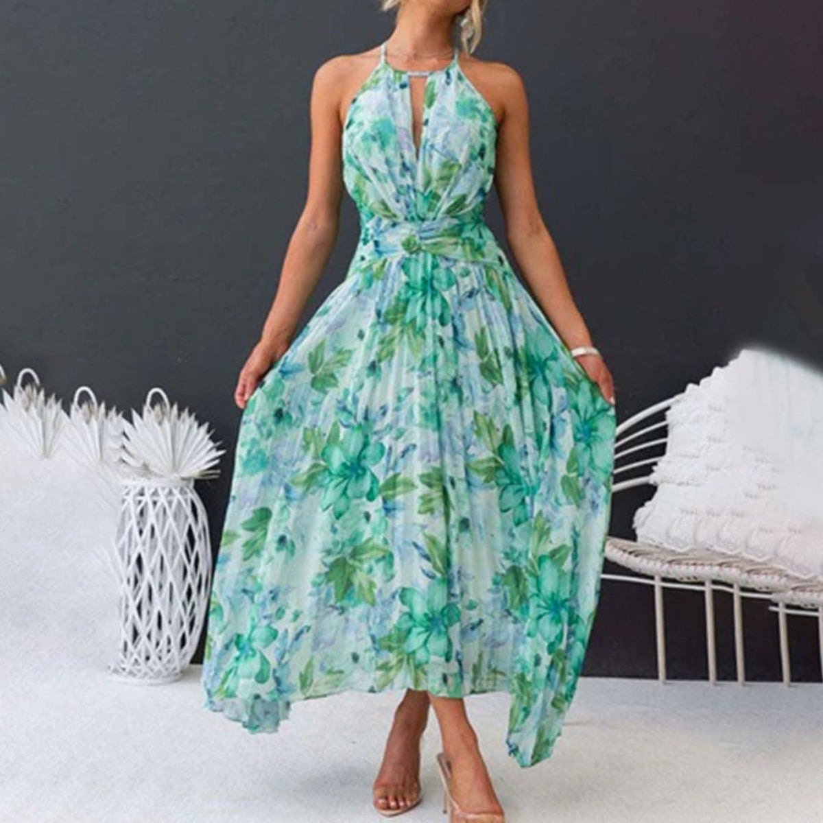 Camille | Green Floral Halter Neck Pleated Maxi Sundress