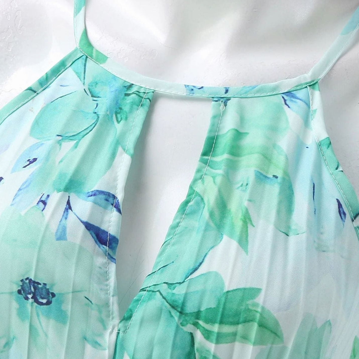 Camille | Green Floral Halter Neck Pleated Maxi Sundress