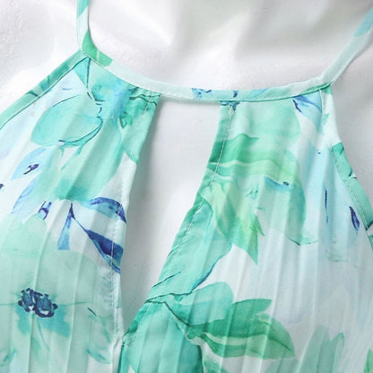 Camille | Green Floral Halter Neck Pleated Maxi Sundress