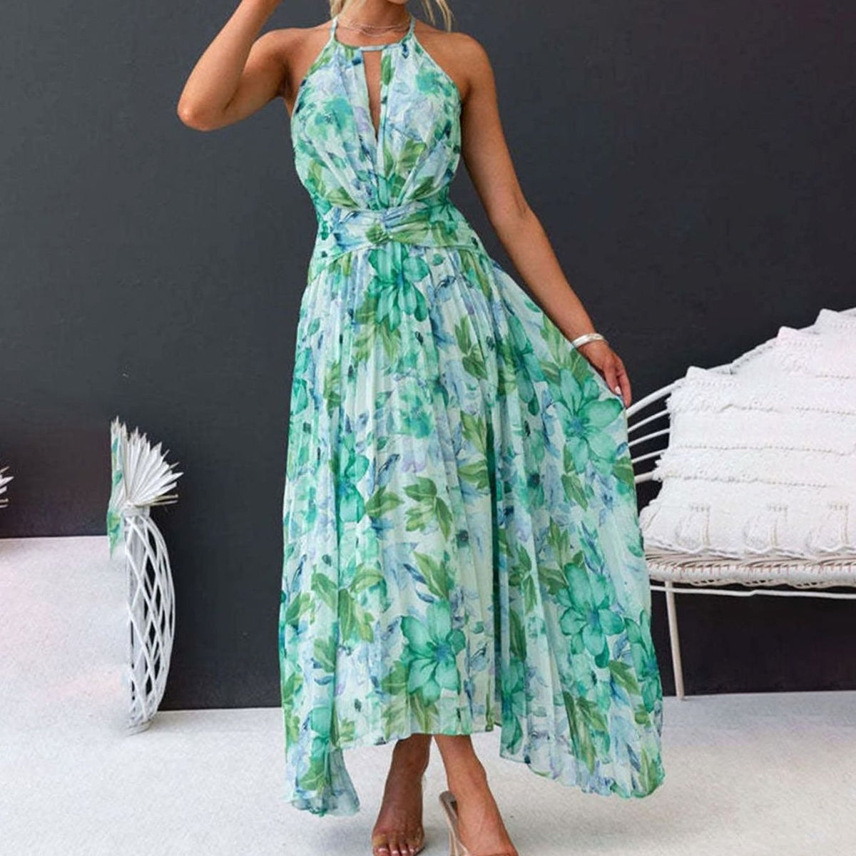 Camille | Green Floral Halter Neck Pleated Maxi Sundress