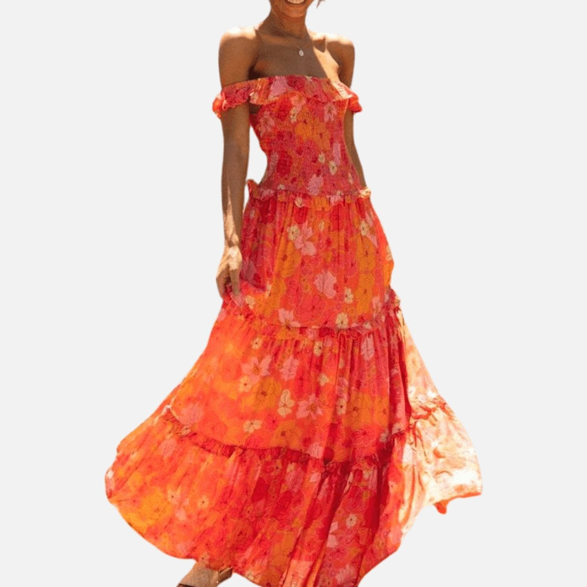 Nora | Orange Floral Off Shoulder Tiered Flowy Maxi Dress