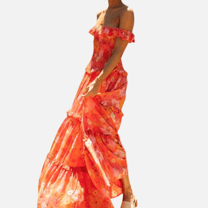 Nora | Orange Floral Off Shoulder Tiered Flowy Maxi Dress