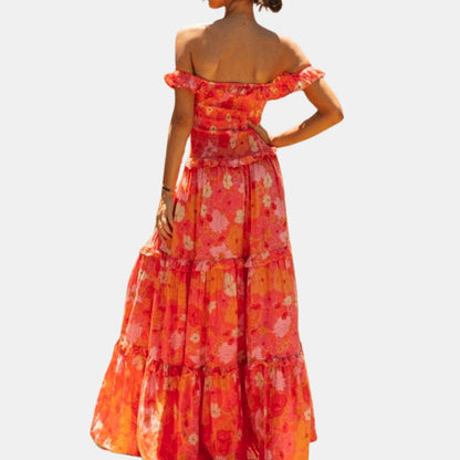 Nora | Orange Floral Off Shoulder Tiered Flowy Maxi Dress