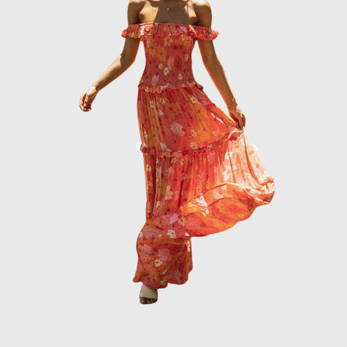 Nora | Orange Floral Off Shoulder Tiered Flowy Maxi Dress