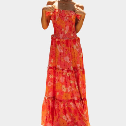 Nora | Orange Floral Off Shoulder Tiered Flowy Maxi Dress