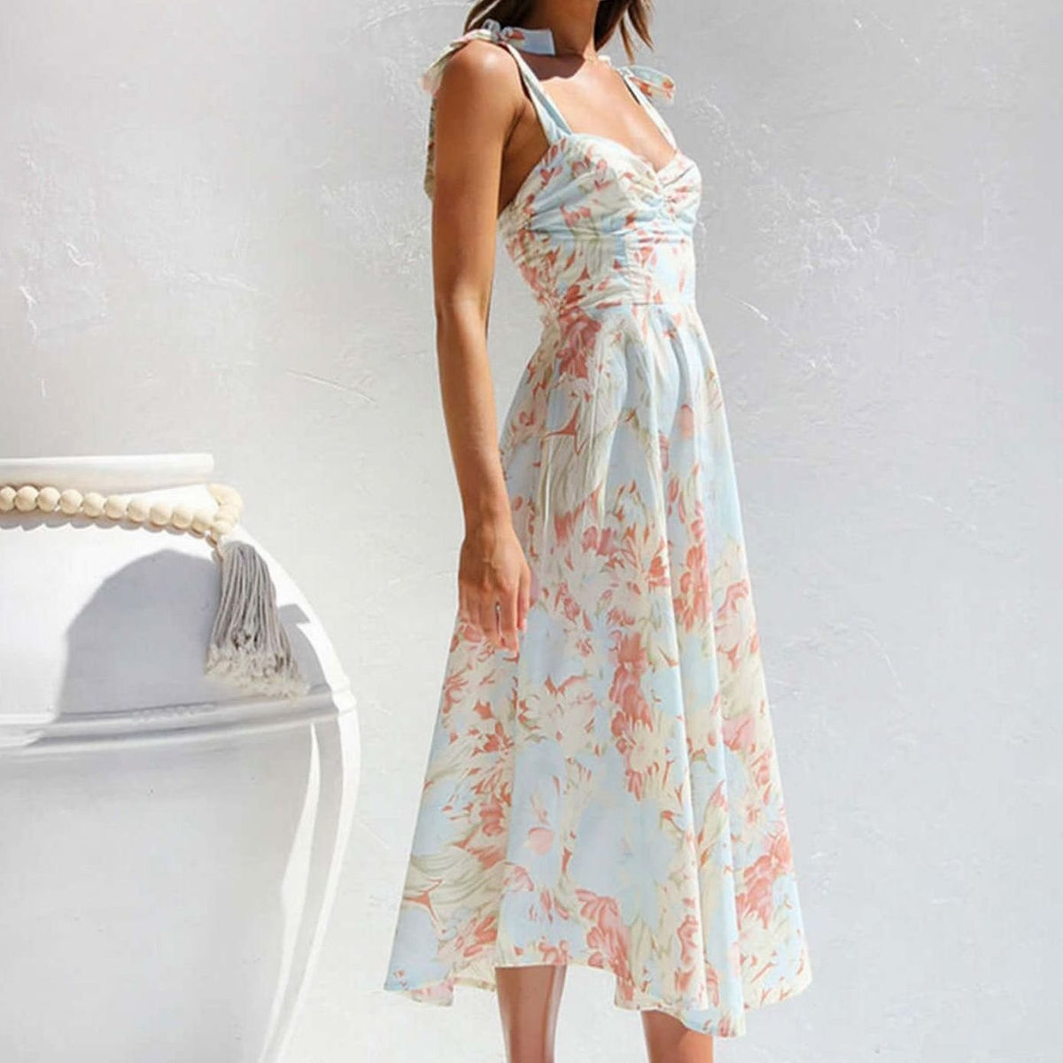 Poppy | Floral Tie Shoulder A-Line Midi Dress