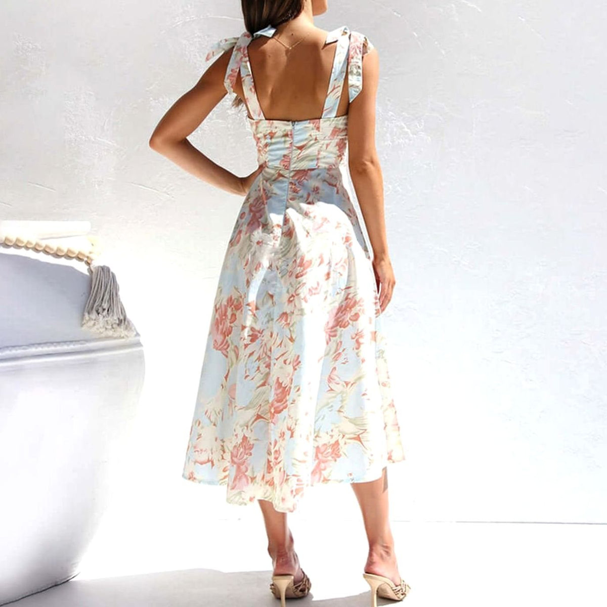 Poppy | Floral Tie Shoulder A-Line Midi Dress