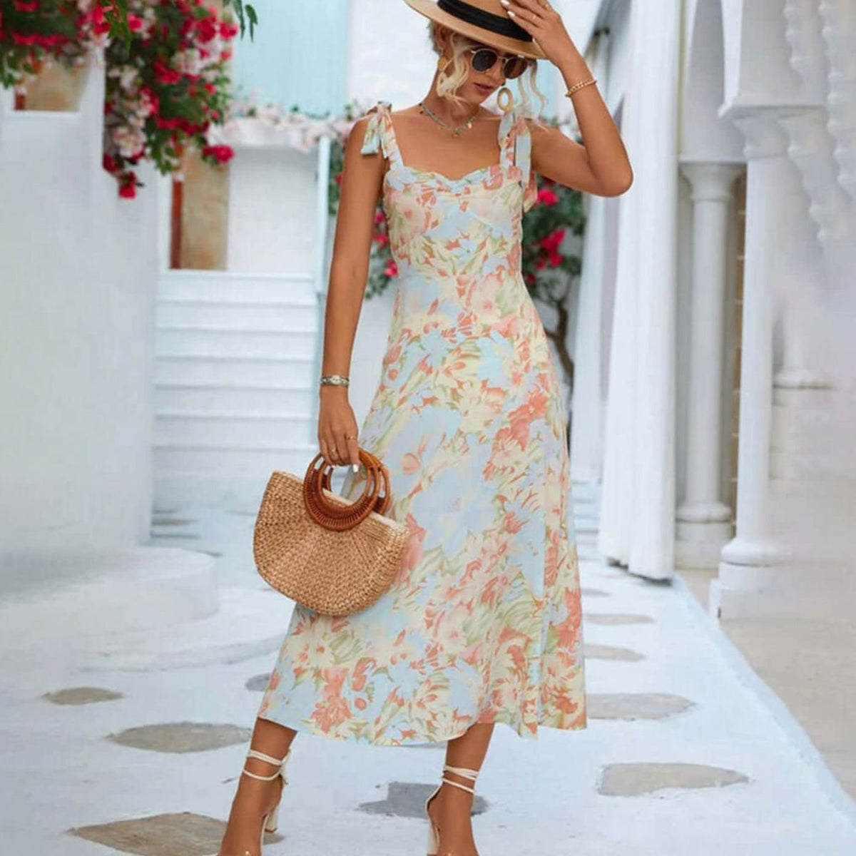 Poppy | Floral Tie Shoulder A-Line Midi Dress