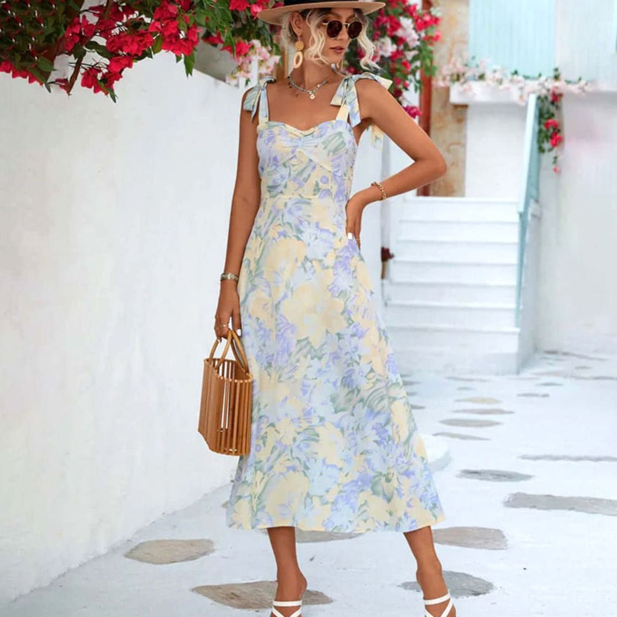 Poppy | Floral Tie Shoulder A-Line Midi Dress