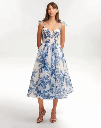 Ruby | Blue Floral Off Shoulder Corset Midi Dress