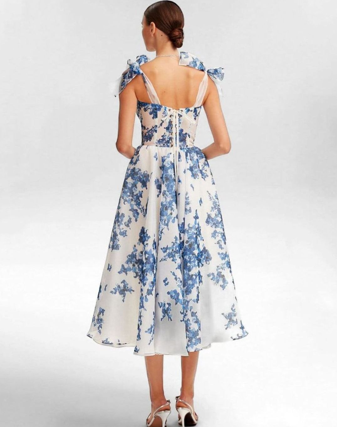 Ruby | Blue Floral Off Shoulder Corset Midi Dress