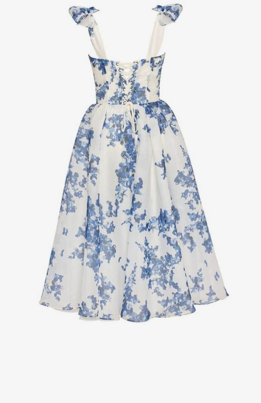 Ruby | Blue Floral Off Shoulder Corset Midi Dress
