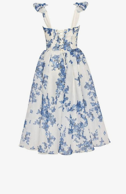 Ruby | Blue Floral Off Shoulder Corset Midi Dress