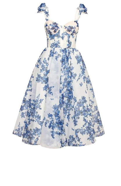 Ruby | Blue Floral Off Shoulder Corset Midi Dress