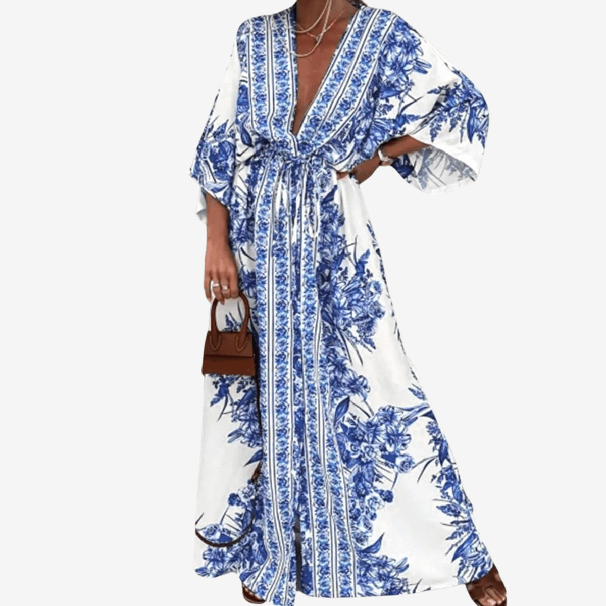 Beatrice | Floral Deep V-Neck Drawstring Waist Formal Maxi Dress