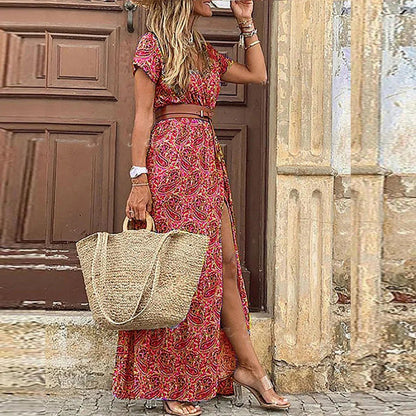 Marigold | Floral Short Sleeve V-Neck Floor Length Maxi Dress