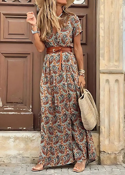 Marigold | Floral Short Sleeve V-Neck Floor Length Maxi Dress