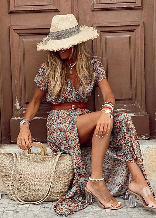 Marigold | Floral Short Sleeve V-Neck Floor Length Maxi Dress