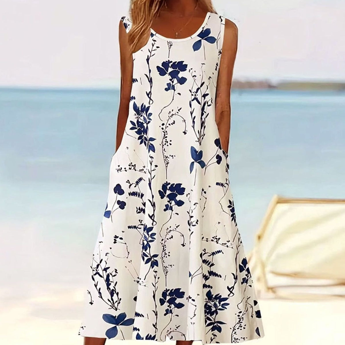 Willow | Sleeveless Floral A-Line Midi Sundress with Pockets