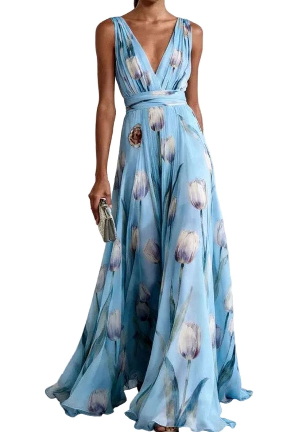 Iris | Floral Tulip Print Chiffon V-Neck Maxi Party Dress