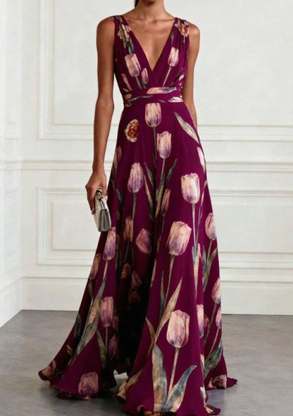 Iris | Floral Tulip Print Chiffon V-Neck Maxi Party Dress